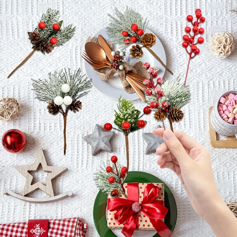 Christmas Decoration Picks With Artificial Pine Needles Pine Cones Red Berries For Holiday Tree Gift Box Table Decor