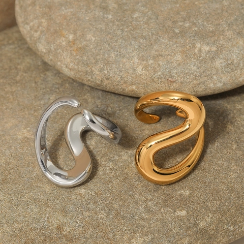Geometric Wave Stainless Steel Ring Adjustable Open Band Waterproof Non Tarnish Minimalist Jewelry For Women