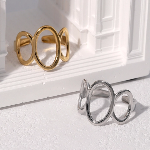 Anello Aperto Regolabile Acciaio Inossidabile Oro 18K Triplo Ovale Cavo Geometrico Gioielli Minimalisti Donne