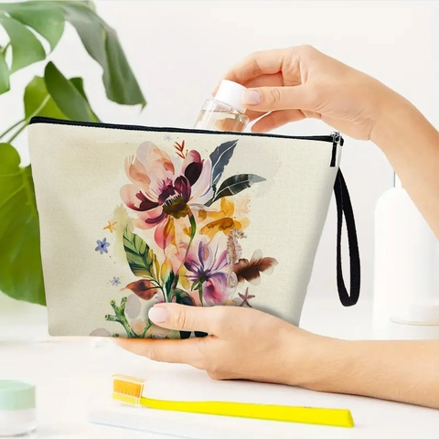 Floral Print Makeup Bag Imitation Linen Cosmetic Pouch With Zipper And Wrist Strap Travel Toiletry Organizer Portable For Women