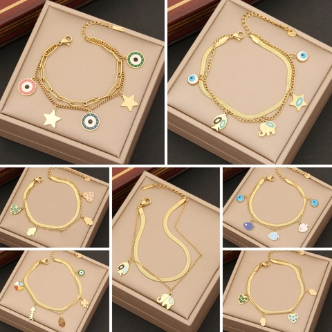 Bracciale A Strati In Acciaio Inossidabile Smalto Colorato Occhio Di Allah Cuore Elefante Ciondoli Catena Serpente Gioielli