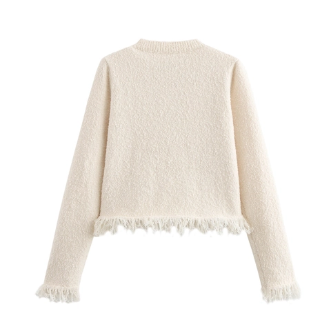 Cardigan In Maglia E Minigonna Da Donna Con Fiocchi Neri Frange Crema Texturizzato Manica Lunga Elegante