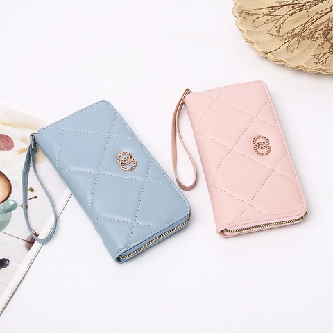 Damen Geldbörse Lang Gesteppt Kunstleder Reißverschluss Clutch Mit Handgelenkschlaufe Kartenhalter Elegant