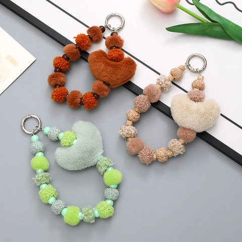 Fashion Plush Heart Beaded Keychain For Women Cute Pom Pom Wood Bead Bag Charm Handbag Ornament Phone Lanyard Accessories