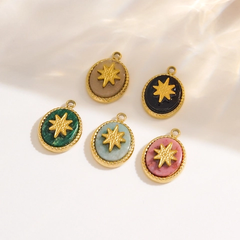 Ciondoli Ovali Acciaio Inossidabile Pietra Naturale Stella A Otto Punte Retrò DIY Creazione Gioielli Charms Stile Francese