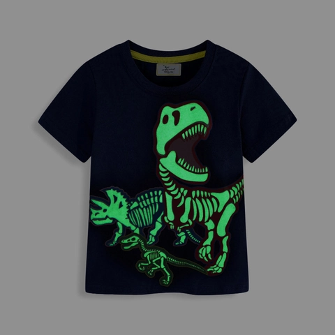 Jungen Im Dunkeln Leuchtendes Dinosaurier Skelett T-Shirt Marineblau Baumwolle Kurzarm Rundhals Lässig Sommer