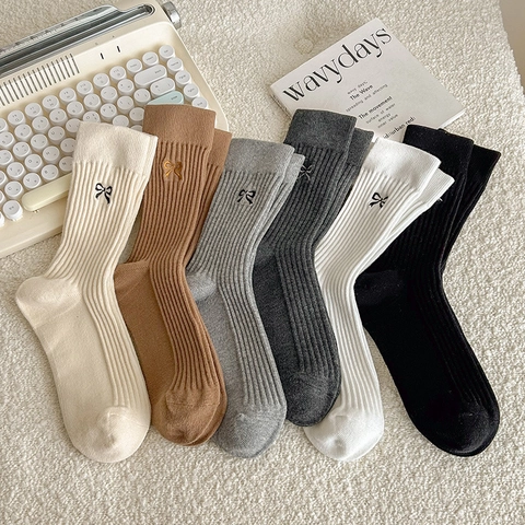 Women Sweet Mid-Calf Socks Ribbed Cotton Knit Bow Embroidery INS Style Soft Breathable Striped Casual Hosiery