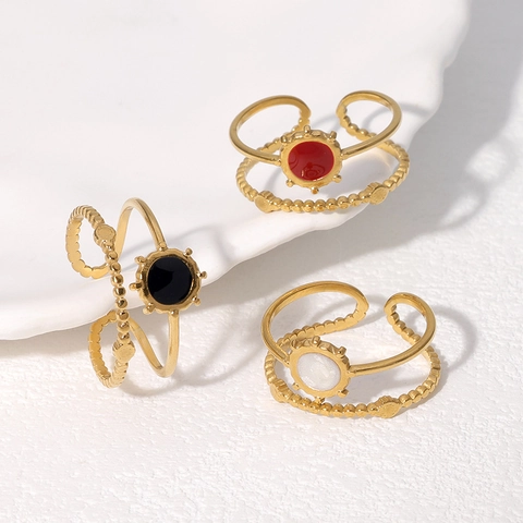 Stainless Steel Open Ring Adjustable Hollow Double Layer Beaded Enamel Round Finger Jewelry Fashion Women Elegant