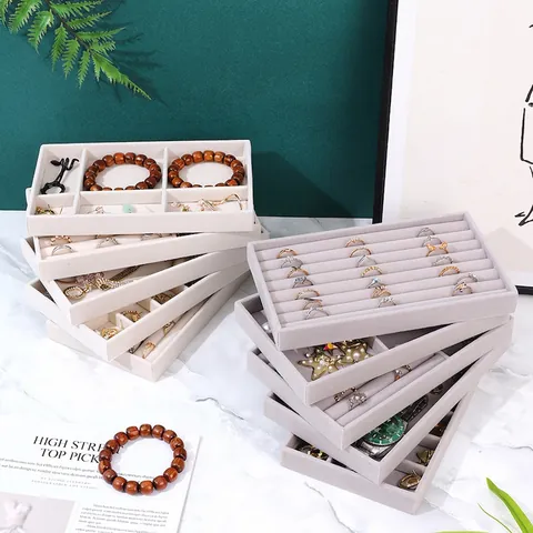 Velvet Jewelry Display Tray Organizer Stackable Multi Grid Case Drawer Storage For Rings Earrings Necklaces Bracelet
