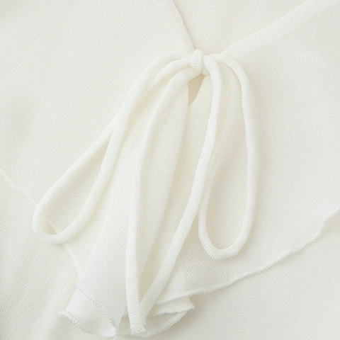 Women V Neck Ruffle Trim Blouse Chiffon Lantern Sleeve Tie Front Solid Color Elegant Commuter Top