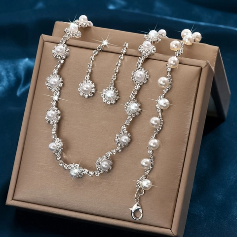 Gioielli Sposa Rame Placcato Argento Collana Orecchini Bracciale Strass Künstliche Perle D'imitazione Matrimonio Festa