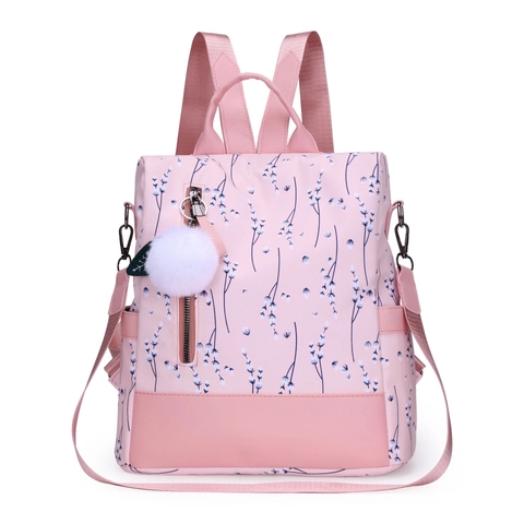 Zaino Da Donna Alla Moda Tessuto Oxford Stampa Floreale Antifurto Impermeabile Casual Viaggio Borsa A Tracolla Con Pompon