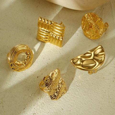 Stainless Steel Hammered Ring Gold Plated Irregular Geometric Texture Hollow Statement Jewelry For Women Fashion