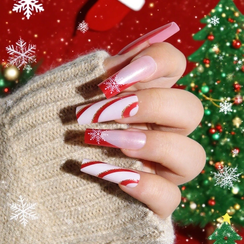 Uñas Postizas De Navidad Larga Forma De Ataúd Rojas Blancas Bastón De Caramelo Copo De Nieve Brillo Dorado Para Mujeres