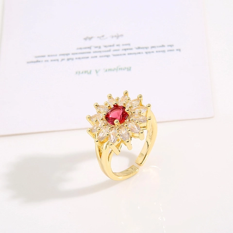 Sonnenblume Offener Verstellbarer Ring Vergoldetes Kupfer Mit Roten Weißen Zirkonia Blumen Schmuck Für Damen