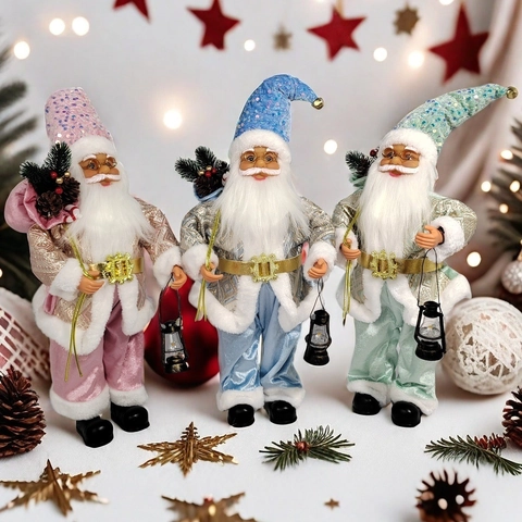 Staande Kerstman Figuur Met Lantaarn Paillettenmuts Fluwelen Jas Traditionele Kerstpop Ornament Cadeau