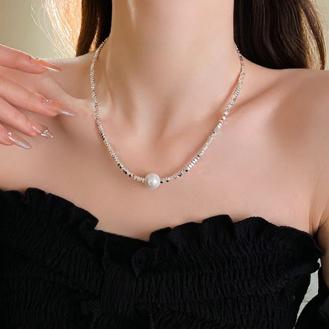 Collar De Clavícula De Cuentas Facetadas De Aleación De Plata Con Perla Artificial De Imitación Blanca Para Mujer Elegante