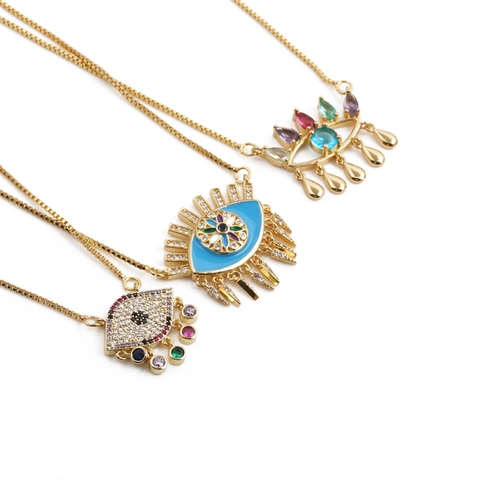 Collana Con Pendente Malocchio Rame Placcato Oro Zirconi Colorati Smalto Gioielli Di Moda Donna