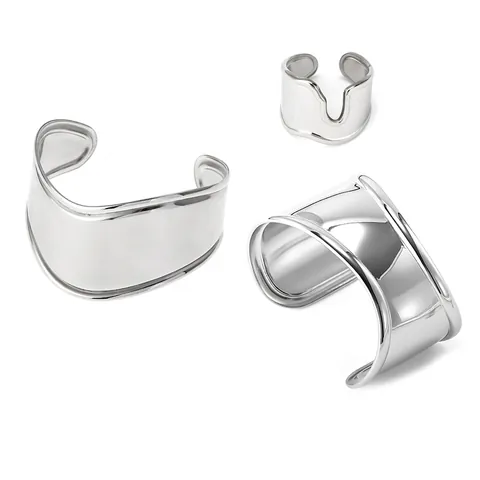 French Vintage Minimalist Stainless Steel Irregular Glossy Wave Open Bangle And Ring Combination For Women Gold Silver Jewelry