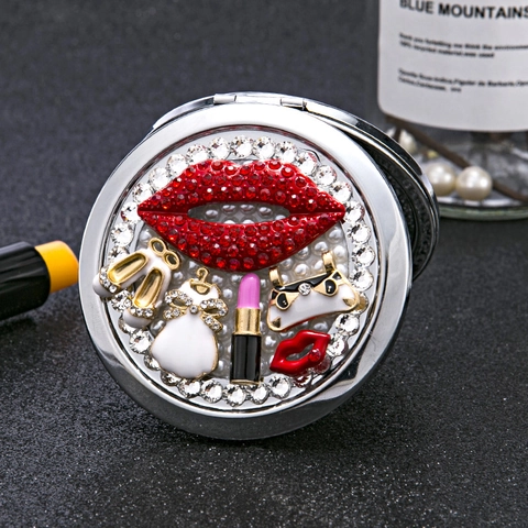 Portable Pocket Makeup Mirror Round Folding Metal Rhinestone Red Lip Artificial Pearl Decorative Compact Vanity For Travel Women