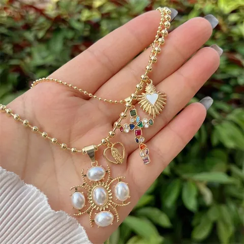18K Gold Plated Copper Cross Virgin Mary Heart Pendant Necklace With Rhinestone Artificial Pearl Religious Fashion Jewelry