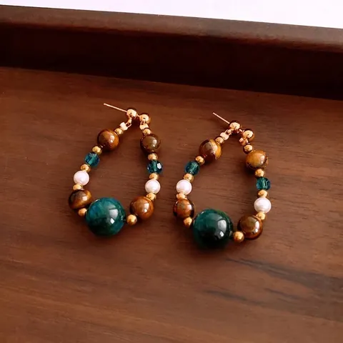 Pendientes De Aro Con Cuentas Gota De Agua Vintage Con Piedra Ojo De Tigre Perlas Artificiales Artificiales Y Poste De Plata Para Mujer