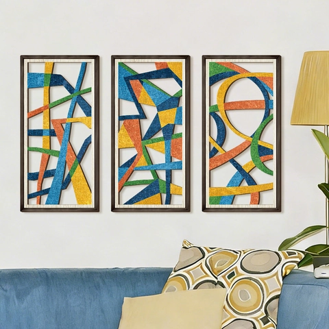 Poplar Wood Abstract Geometric Wall Art Decor Hollow Out Colorful Lines Farmhouse Style Hanging Ornament Panels