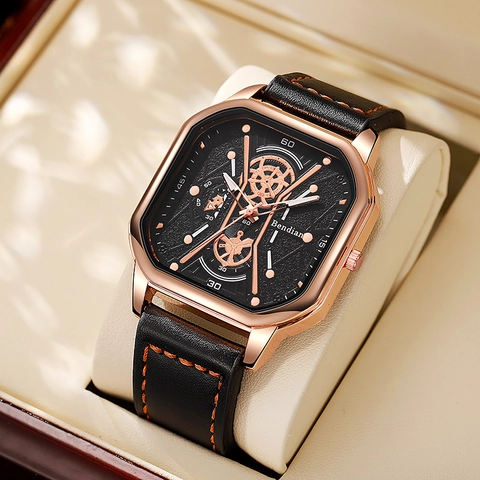 Square Dial Men Quartz Watch Alloy Case Faux Leather Strap Casual Sports Large Face Fashion Wristwatch