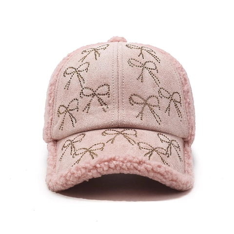 Women Winter Lamb Fleece Suede Patchwork Baseball Cap Rhinestone Bow Warm Outdoor Adjustable Fashion Snapback Hat