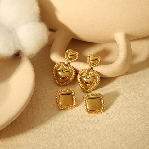 Vintage Gold Plated Titanium Steel Layered Heart Drop Earrings And Square Stud Earrings With Twisted Rope Edge For Women