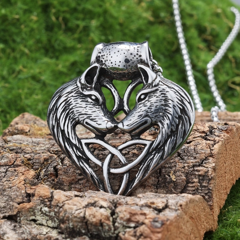 Vintage Stainless Steel Wolf Heads Heart Pendant Necklace Celtic Knot Viking Nordic Retro Style Jewelry For Men