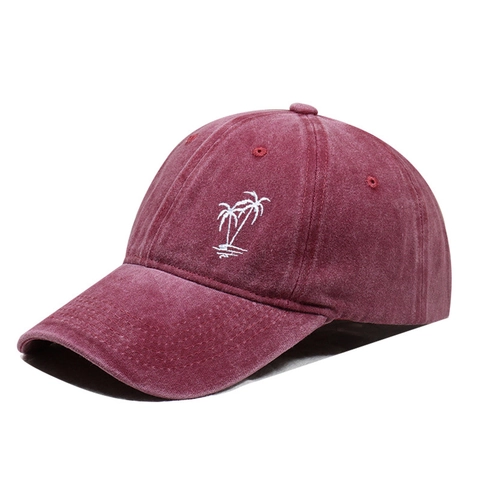 Washed Cotton Baseball Cap With Coconut Tree Embroidery Distressed Soft Top Outdoor Sun Hat Adjustable Unisex Casual Style