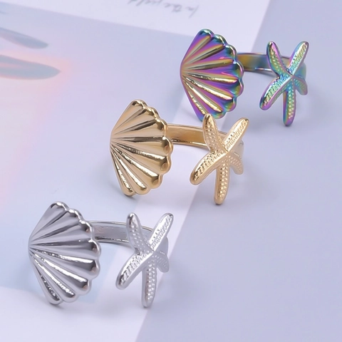 Anello In Acciaio Inossidabile Con Stella Marina E Conchiglia Per Donna Aperto Regolabile Tema Oceano Gioielli