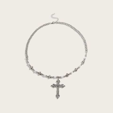 Retro Gothic Cross Pendant Necklace Silver Alloy Faux Artificial Pearl Beaded Choker Streetwear Jewelry For Women Fashion Accessories