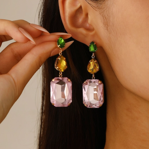 Colorful Rhinestone Geometric Drop Earrings With 14k Gold Earring Post Copper Alloy Fashion Jewelry For Women