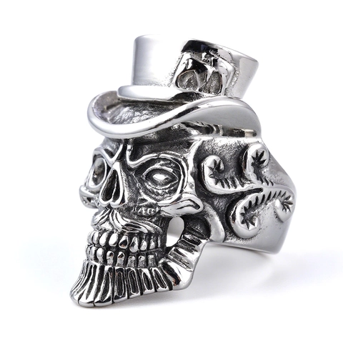 Anillo De Acero Inoxidable Punk Vintage Calavera De Caballero Con Sombrero De Copa Joyería Gótica Para Hombres Retro