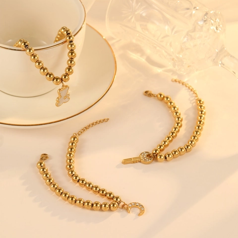 Gold Titanium Steel Bead Bracelet For Women With Zirconia Maple Leaf Unicorn Moon Star Key Pendant Fashion Jewelry Gift