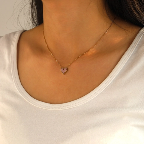 Collar Con Colgante De Corazón De Acero Inoxidable Chapado En Oro De 18K Esmalte Rojo Borde Milgrain Joyería Estilo Francés