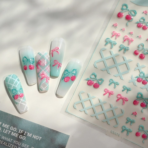 Autocollants Ongles Relief 3D Motif Nœud Cerise Vert Menthe Rose Style Doux Décoration Manucure DIY Pour Femmes Filles