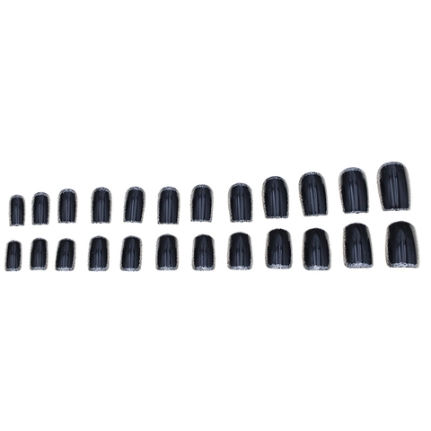 Black Glossy Square Press On Nails With Silver Glitter French Tip Artificial Fake Nails For Women Party Daily Wear