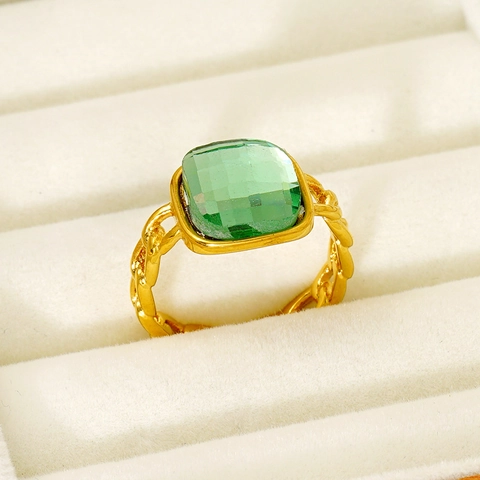 Vierkante Groene Zirkonia Ring Roestvrij Staal 18K Verguld Cubaanse Schakelketting Open Verstelbaar Elegante Sieraden Dames