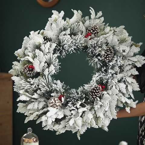 Artificial Christmas Wreath PE PVC Snow Flocked Pine Needles Natural Pine Cones And Red Berries For Door Wall Decor