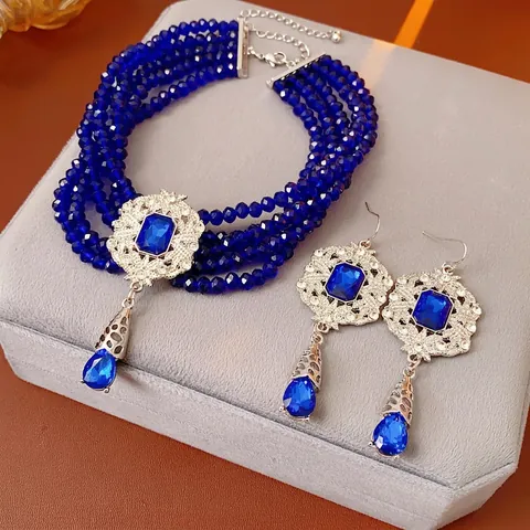 Vintage Luxury Jewelry Necklace And Earrings Alloy Glass Multi Layer Beaded Choker Water Drop Faux Gemstone Banquet Party Women