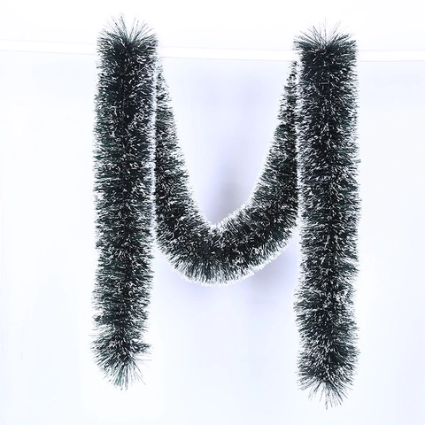 Christmas Tinsel Garland Dark Green With White Green Edged Frosty Snow Effect Hanging Ornament For Party Tree Festive Decoration