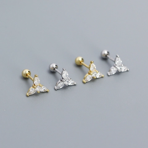 Orecchini a Bottone in Argento Sterling 925 Trifoglio a Triangolo con Strass Chiusura a Vite Piercing Donna