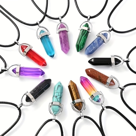 Hexagonal Column Crystal Pendant Necklace With Natural Stone Alloy Wax Rope Retro Healing Point Chakra Bullet For Unisex