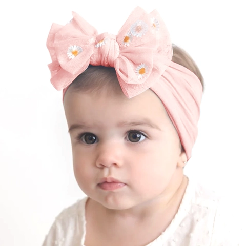 Fascia Per Capelli Neonata Ricamo Margherita Grande Fiocco In Rete Elastico Morbido Nylon Fascia Per Bambine Stile Floreale