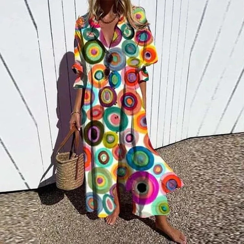 Robe Longue Maxi Bohème pour Femmes Grandes Tailles Col en V Manches Longues Imprimé Floral Élégante Décontractée de Vacances