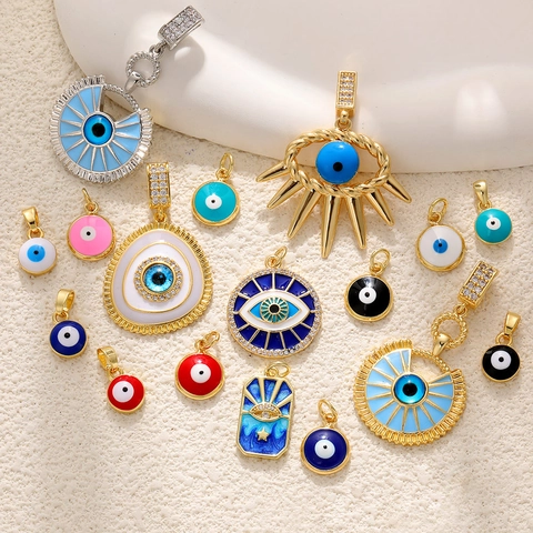 Evil Eye Charms Pendants Gold Plated Copper Enamel Cubic Zirconia Turkish Nazar Boho DIY Jewelry Making Necklace Accessories
