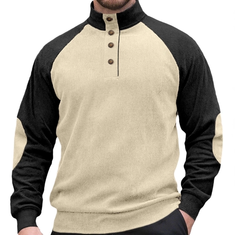 Herren Cord Henley Sweatshirt Kontrastfarbe Raglanärmel Patchwork Knopf Stehkragen Lässiges Langarmshirt